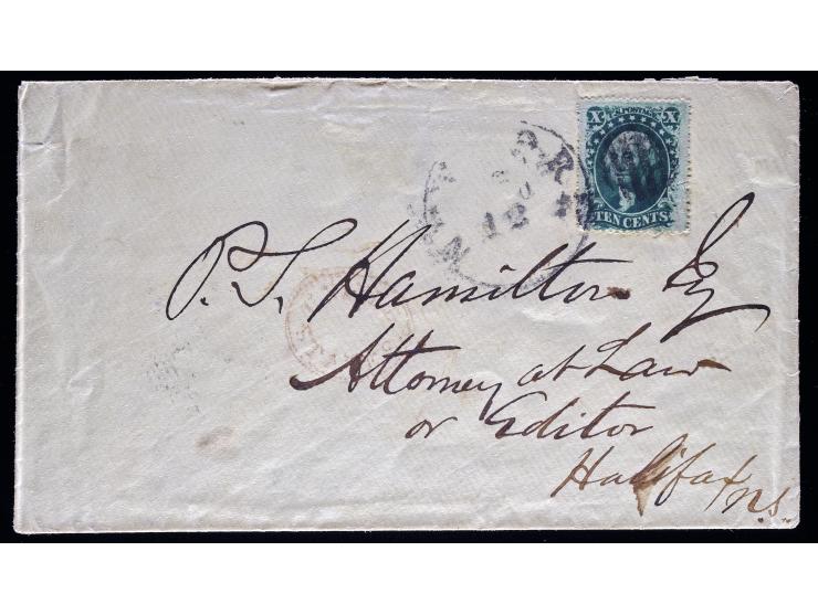 #35 1859 10c Green, Tied by New York Handstamp on Cover to Halifax, Nova Scotia with New Brunswick Transit Marking on Reverse