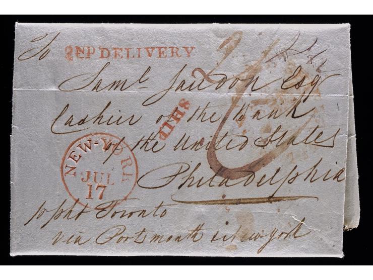 1837 Stampless Transatlantic Mourning Letter, London to Philadelphia via New York, "2nd Delivery" and Ship Markings