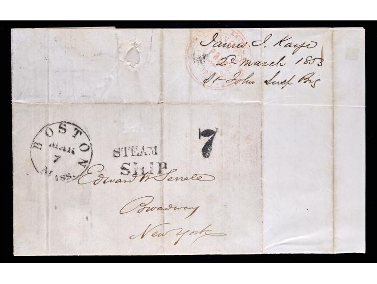 Favor's Express, Very Fine Strike of Red Company Handstamp on 1853 Folded Letter from St. John to New York