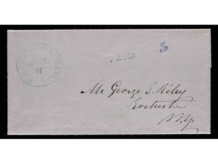 U.S. Express Mail, Blue Railroad Route Agent Postmark with Matching "PAID" and "5" Handstamps on 1847 Folded Letter