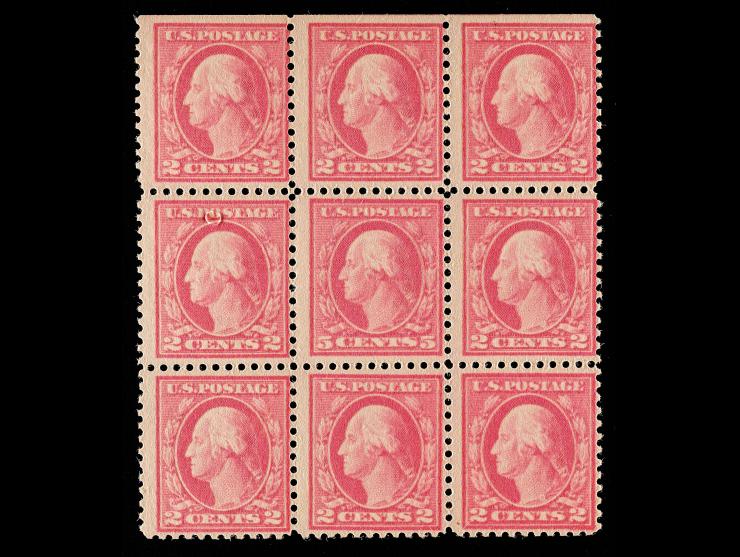 #505 1917 5c Rose (Error), Block of Nine, Unused, Middle Stamp #505, Others #499