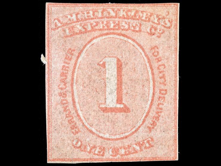 A.M. Hinkley's Express Co., 82L1, 1c Red on Bluish, Unused