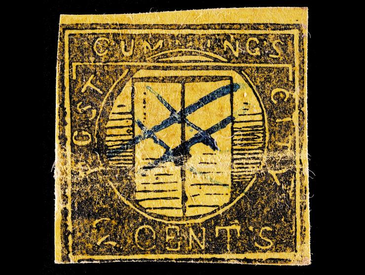 Cummings' City Post, 55L3, 2c Black on Yellow Glazed, Used with Blue Manuscript Cancel