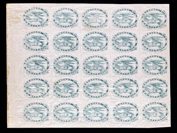 Wharton's U.S.P.O. Despatch, 5LB1, 2c Bluish Green, Complete Left Margin Pane of 25