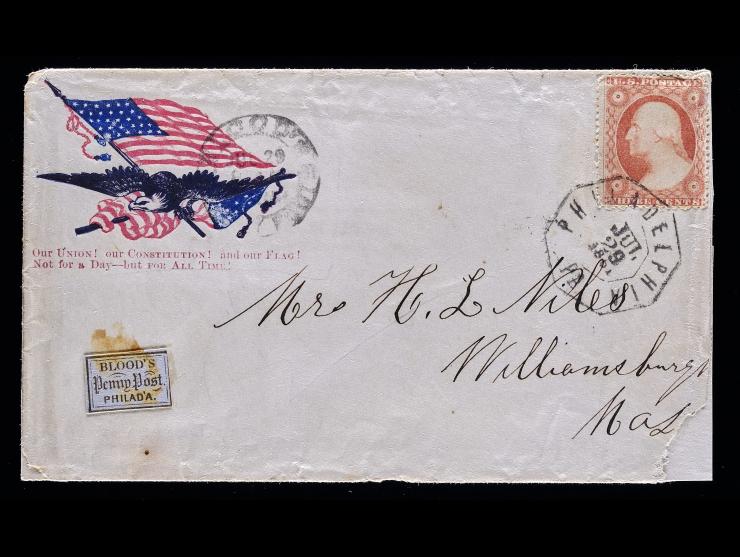 D.O. Blood & Co., 15L14, 1c Bronze on Lilac, Acid Tied with #26 3c Dull Red, on Patriotic Cover