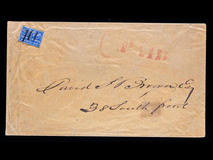 Eagle City Post, 61L4, 1c Blue on Bluish, Uncanceled on Local Cover, Large Red "PAID" Straightline
