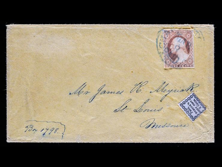 Honour's City Express, 4LB8, 2c Black on Bluish, #11 1855 3c Dull Red, Uncanceled with #11A 3c Dull Red on Cover to Saint Louis