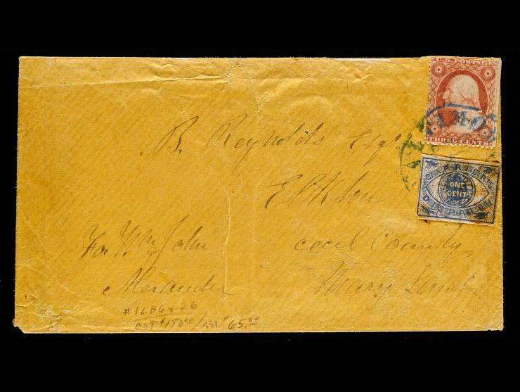 Baltimore Post Office Despatch, 1LB6, 1c Blue on Bluish, Tied on Cover with #26 3c Dull Red
