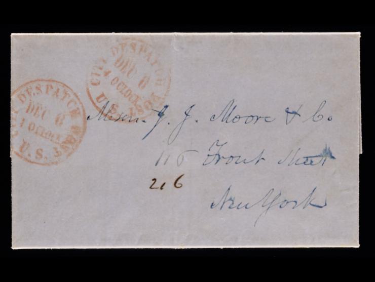 U.S. City Despatch Post, Two Red Company Handstamps on 1844 Folded Letter