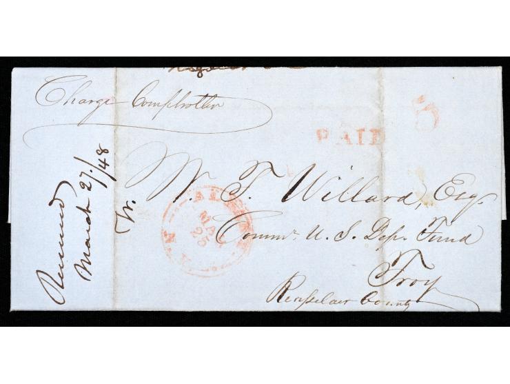Albany, New York, Red Circular Datestamp and "PAID 5" with Manuscript "Charge Compholder" on 1848 Stampless Folded Letter to Troy, Michigan