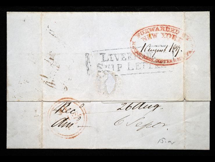 Heckscher, Coster & Matfield, Red Oval Forwarder's Handstamp on 1837 Transatlantic Stampless Folded Letter to England via the Ship Orpheus