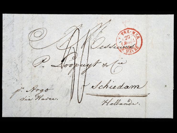 1845 Transatlantic Stampless Folded Letter From New York to Scheidam, Holland, via the French Packet "Ville de Lyon"