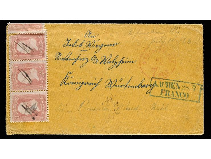 #65 3c Rose, Nine Examples on Front and Back of Transatlantic Cover via Prussian Closed Mail
