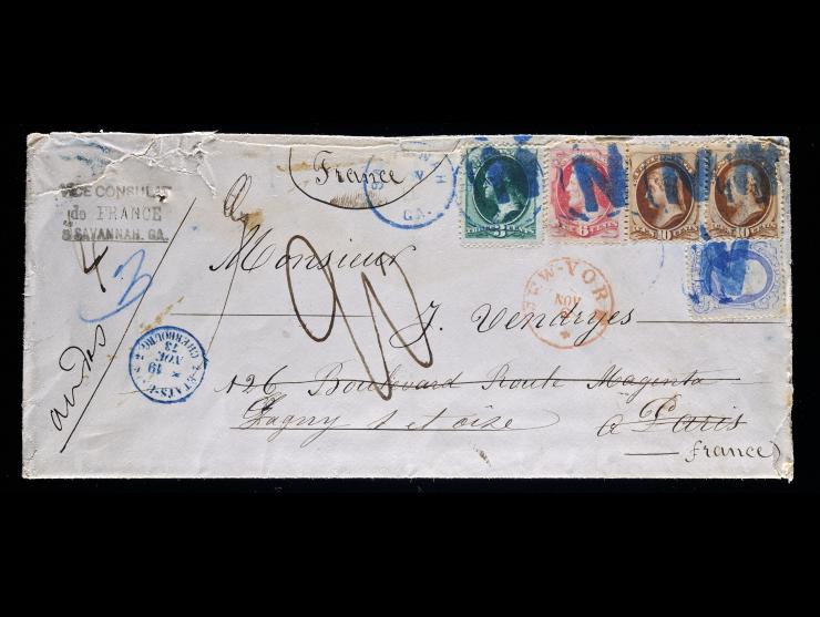#145, #158, #186, #187, Multicolor Franking on Large Transatlantic Cover to France