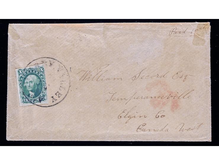 #15 1855 10c Green, Type III, Tied on 1856 Cover from New York to Canada West, London U.C.