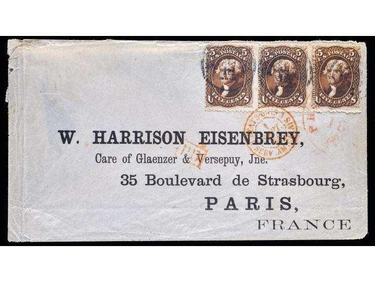 #76 5c Brown, Strip of 3, Tied on 1861 Pre-Printed Transatlantic Cover From Philadelphia to Paris