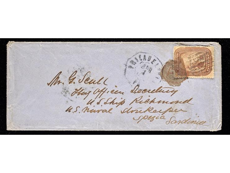 #29, 1859 5c Brown, Tied by Red Oval "PD" on Cover to Flag Officer Secretary Aboard the USS Richmond, in Spezia, Sardinia