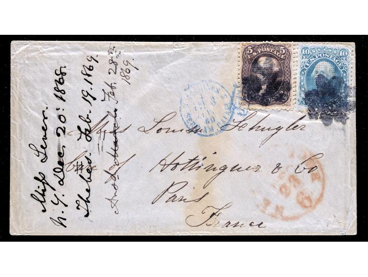 #95 5c Dark Brown and #96 10c Green, Both Tied on 1869 Transatlantic Cover to Paris