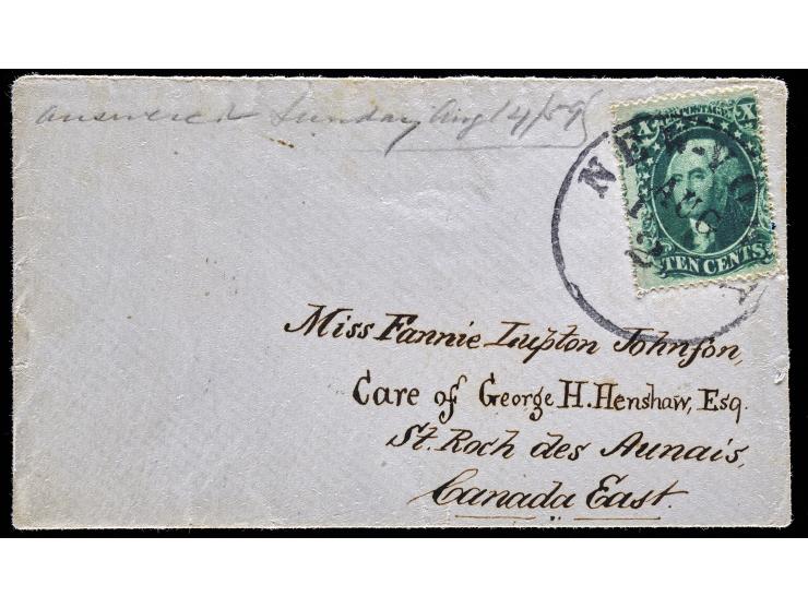 #32 10c Green Tied on 1859 Ladies Cover, New York to Canada East