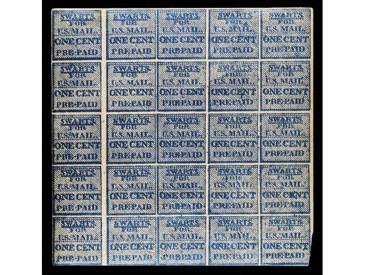 Swarts' City Dispatch Post, 136L14, 1c Blue, Block of 25, Unused