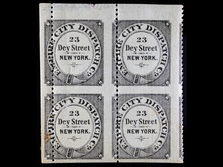 Empire City Dispatch Local, 64L1c, Black and Green, Block of Four, Vertical Pair with Imperforate Horizontally