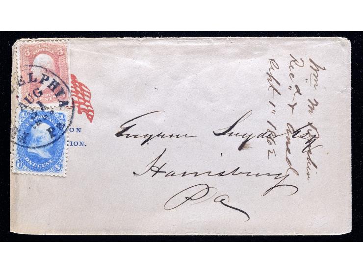 Civil War Patriotic Cover, #63 1c Blue and #65 3c Rose on Union and Constitution Flag Design