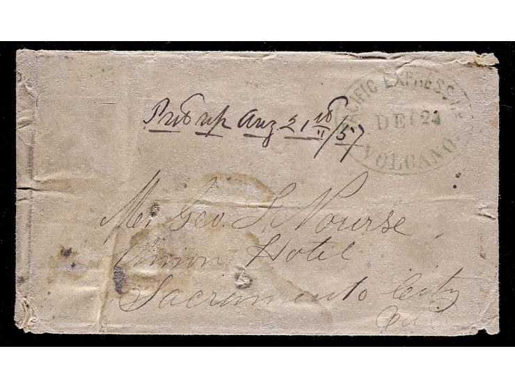 Pacific Express Company, Greenish Blue Company Volcano Oval, on Stampless Cover, Sacramento City California