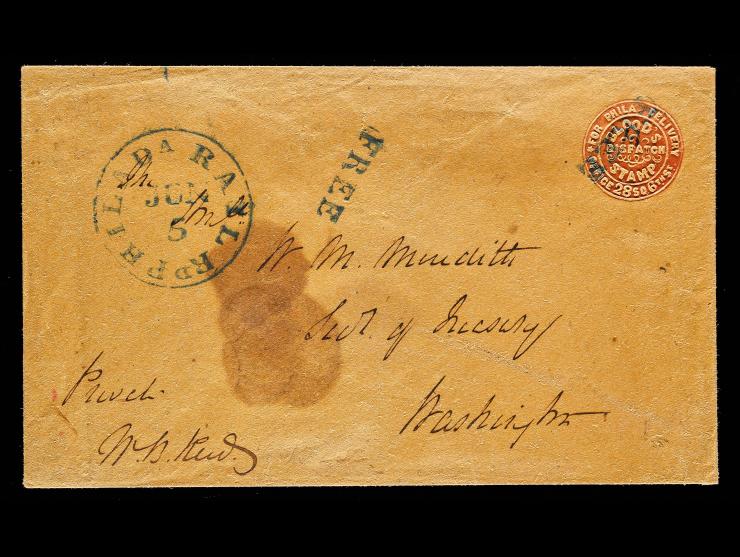 Blood’s City Despatch,15LU2, Red on Buff Entire, Blue Philadelphia Railroad Datestamp and Two Strikes of Matching “Free” Markings to Washington, D.C.