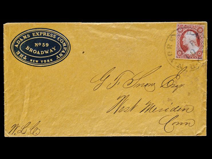 Adams Express Co., Blue Embossed Corner Card with #11 3c Red, on New York and Philadelphia Railroad Cover