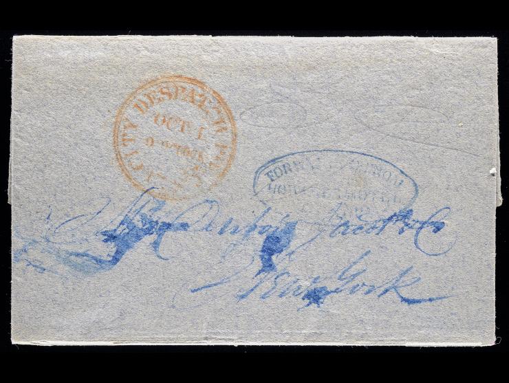 U.S. City Despatch Post, Red Circular Datestamp with Blue Howard's Hotel, New York Oval Forwarding Handstamp on 1842 Folded Letter