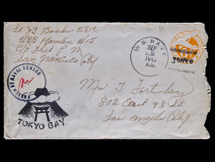 World War II, Illustrated Tokyo Bay Airmail Cover, U.S. Navy Circular Datestamp and Circular "CENSOR" Handstamp dated September 2, 1945