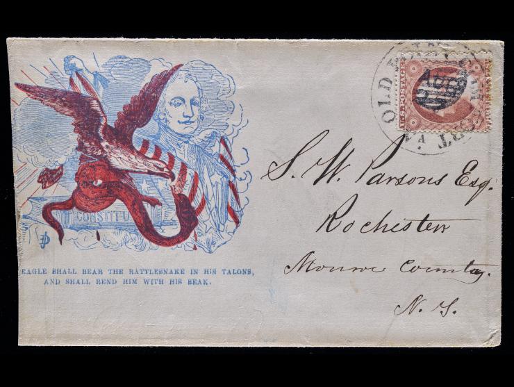 Civil War Patriotic Cover, George Washington with Eagle, Rattlesnake and Flag Design (W-32), #26 3c Red Tied on Cover to Rochester, New York