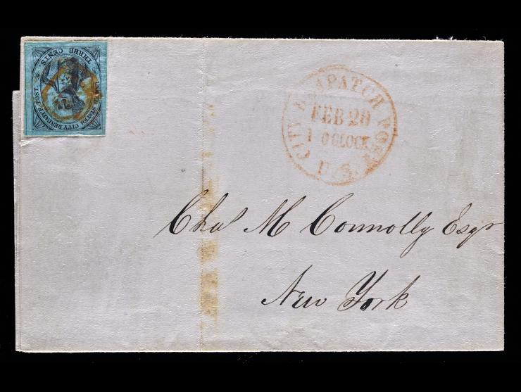 U.S. City Despatch Post, 6LB5, 3c Black on Blue Green, Four Large Margins, with Red "U.S." in Octagon Cancel on 1844 Printed Insurance Notice