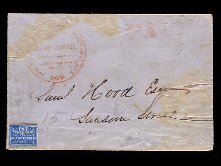 Eagle City Post, 61L4, 1c Blue on Bluish on 1848 Folded Letter with Eagle City Post at Adam's Express Circular Handstamp (Type E)