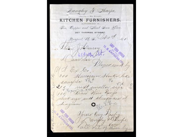 U.S. Express Co., Newport, Rhode Island, Purple Company Handstamps on 1891 Langley & Sharpe, Kitchen Furnishers Letterhead