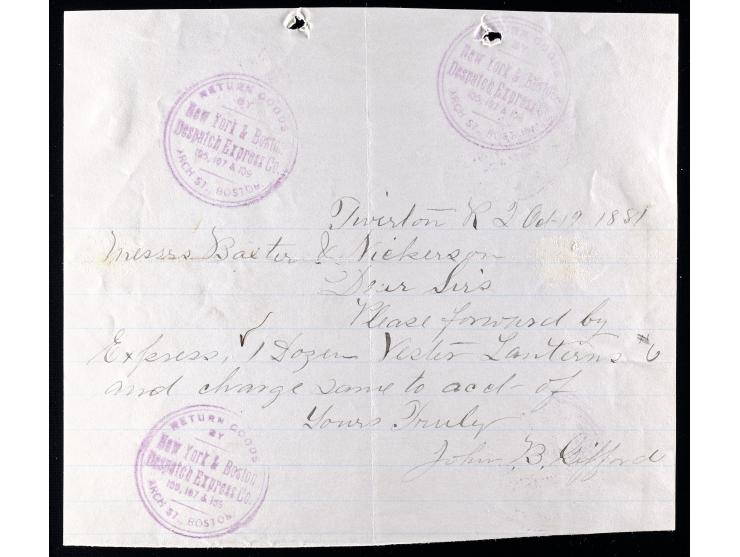 New York & Boston Despatch Express Company, Purple Company Handstamps on 1881 Letter from Tiverton, Rhode Island to Boston, Massachusetts