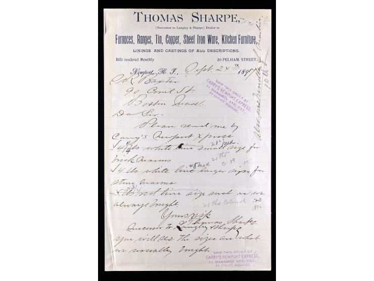 Carry’s Newport Express Letter, Purple 4-Line Straightline Handstamps on 1897 Printed Letterhead