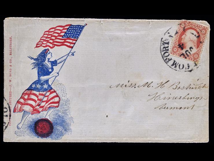 Civil War Patriotic Cover, Female with Flag, with #26 3c Red Tied on Cover to Vermont