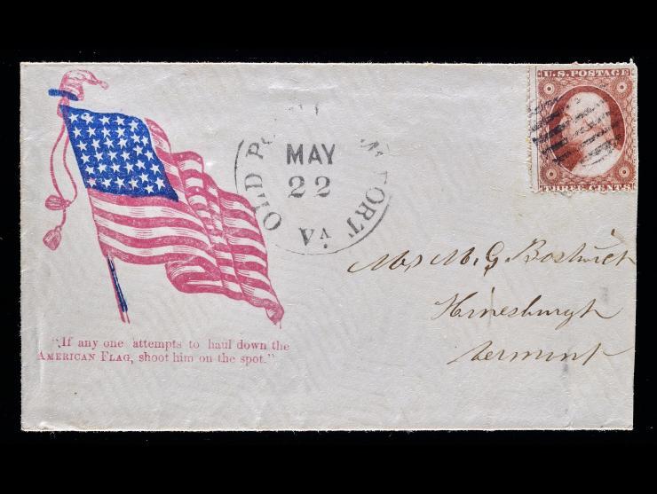 Civil War Patriotic Cover, Flag Facing Right, Old Point Comfort, VA with #26 3c Red Tied on Cover to Vermont