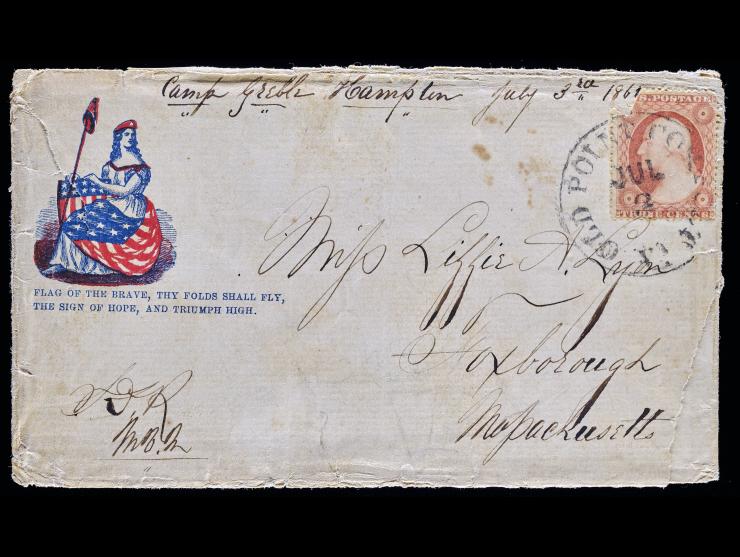 Civil War Patriotic Cover, Female with Flag, Old Point Comfort, VA with #26 3c Red Tied on Cover to Massachusetts