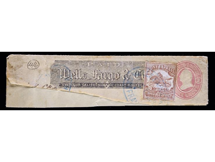 Wells, Fargo & Co., Virginia Pony Express, 143L7, 10c Brown, Tied by Blue Company Handstamp on Piece of U35 Envelope with Wells Fargo Frank