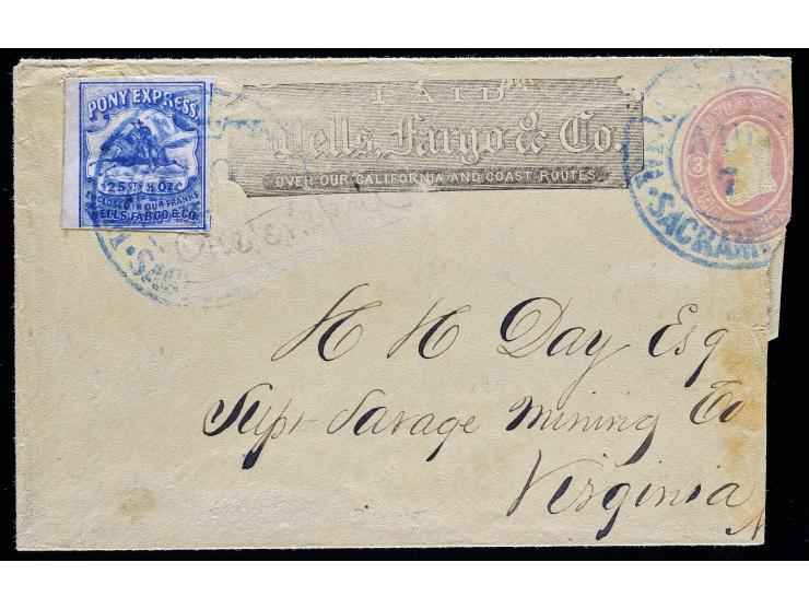 Wells, Fargo & Co. Virginia City Pony Express, 143L8, 25c Blue, Tied on U34 Entire to Virginia City, Nevada