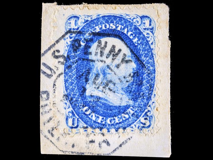 #63 1887 1c Ultramarine, Used on Piece, Black Octagonal Philadelphia Carrier Cancel
