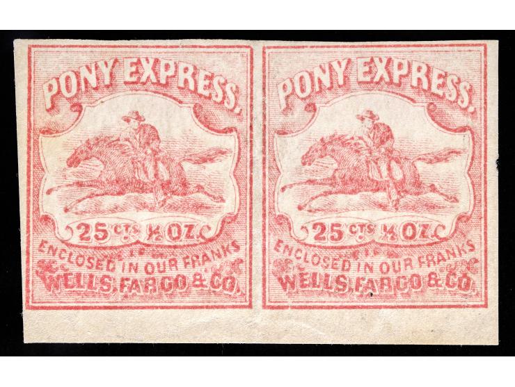 Wells, Fargo & Co. Pony Express, 143L9, 25c Red, Unused, Bottom Margin Horizontal Pair