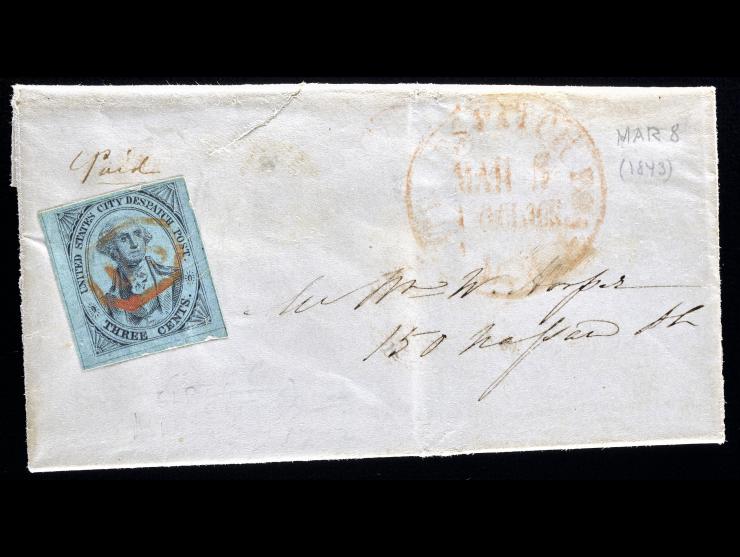 U.S. City Despatch Post, 6LB5, 3c Black on Blue Green Glazed Paper on 1843 Local Folded Letter