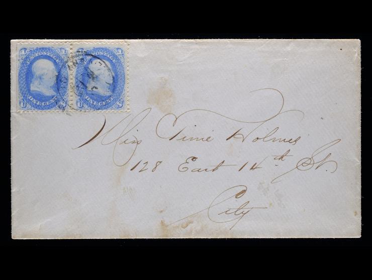 #63 1861 1c Blue, Horizontal Pair, Tied by City Delivery Double-Circle Datestamp