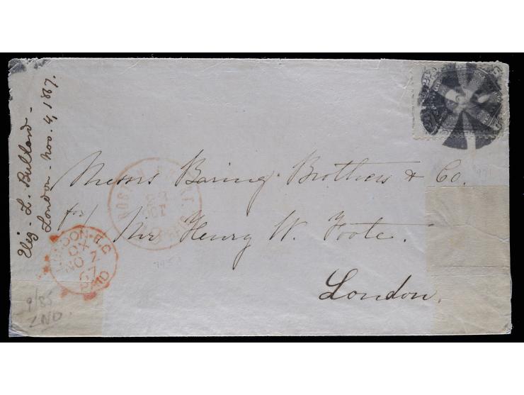 #70a, 24c Brown Lilac, Tied by Fancy Cancel on 1867 Transatlantic Cover Front to London, Steamship Cuba