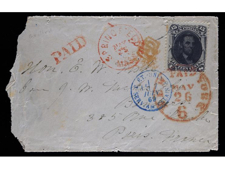 #77 1866 15c Black , Tied on 1869 Cover to France
