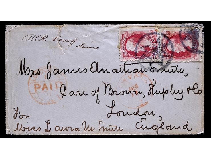 #137, 6c Carmine with "H" Grill, Vertical Pair, Tied by Star in Circle Fancy Cancel on Transatlantic Cover to England
