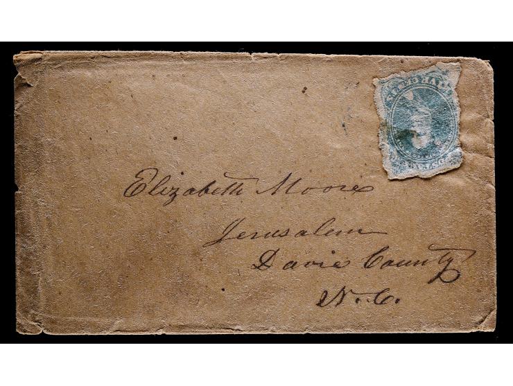Confederate States of America, CSA 1, 5c Green, Stone 1, on 1850s Homemade Brown Cover from Enfield to Jerusalem, North Carolina